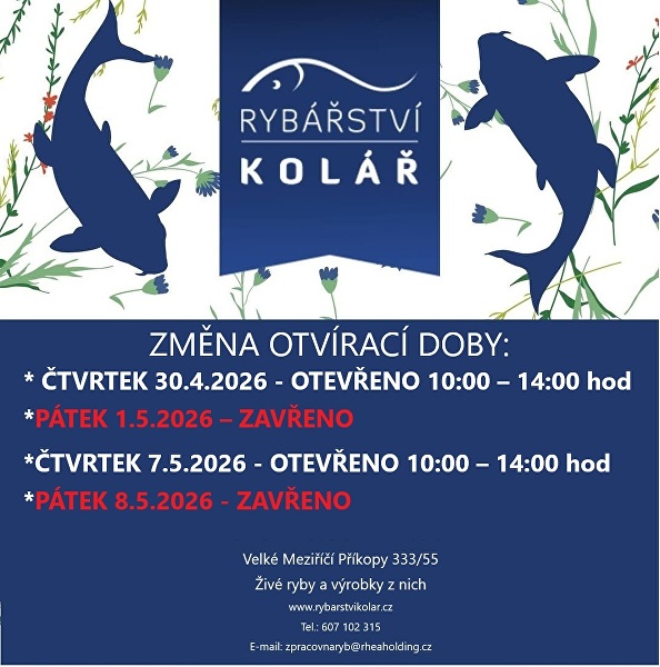 ZMĚNA OTVÍRACÍ DOBY 1.5.2026 a 8.5.2026
